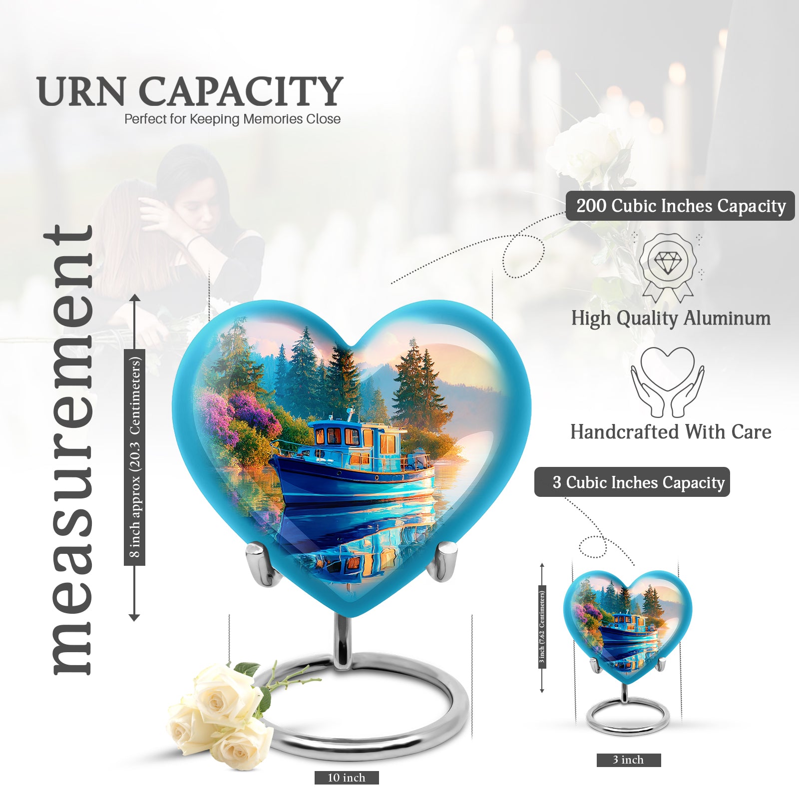 Cornflower Blue Boat Cremation Urn front view showing detailed design - romantic heart urn with boat motif on aluminum - mini keepsake memorial for portion of cremation ashes