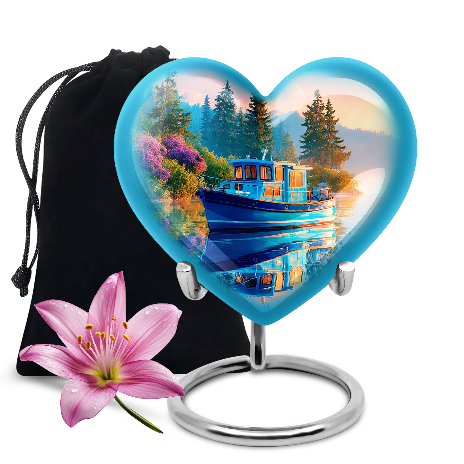 Sapphire Blue Boat Cremation Urn detail view - compassionate heart-boat combination with gentle curves - full-size 10 inch 200 cubic inch adult cremation urn