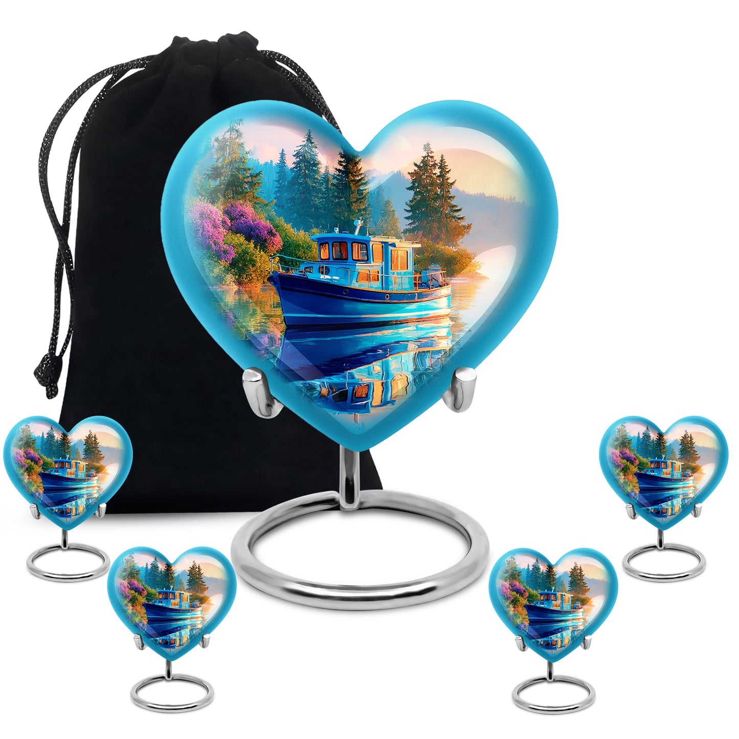 Sapphire Blue Boat Cremation Urn close-up of engraving and surface detail - romantic heart urn with boat motif on aluminum - memorial set with one large and four small urns