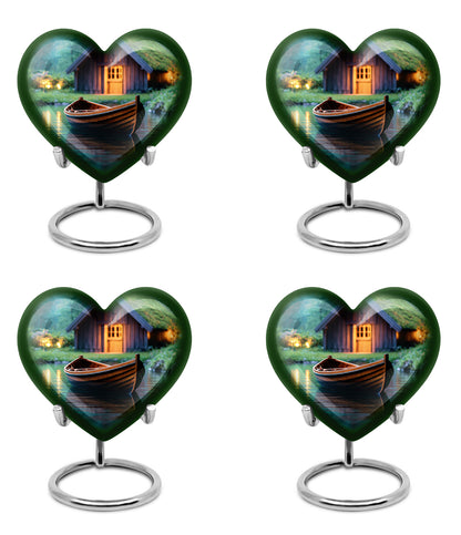 Emerald Green Boat Cremation Urn angled view of lid and engraved motif - loving heart memorial featuring boat pattern - 10 inch aluminum urn for cremated remains