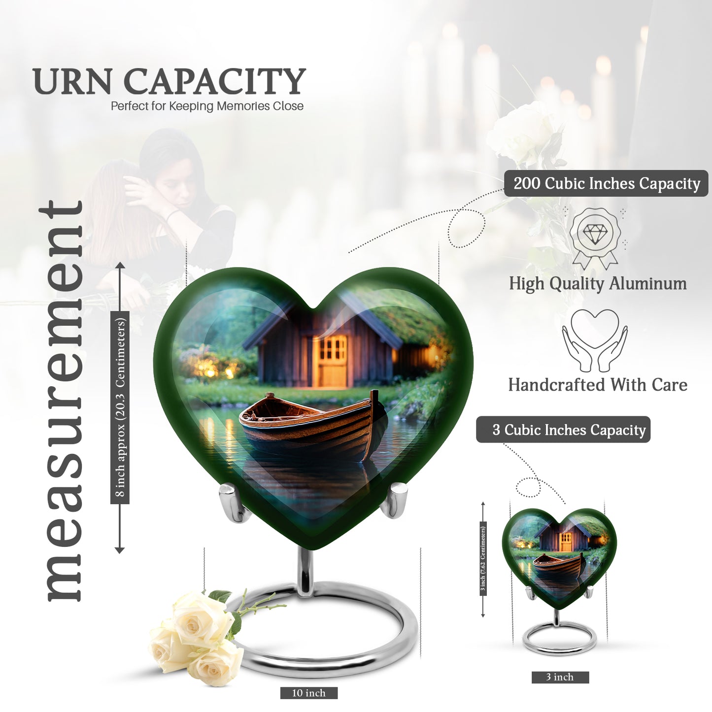 Jade Green Boat Cremation Urn front view showing detailed design - loving heart memorial featuring boat pattern - mini keepsake memorial for portion of cremation ashes