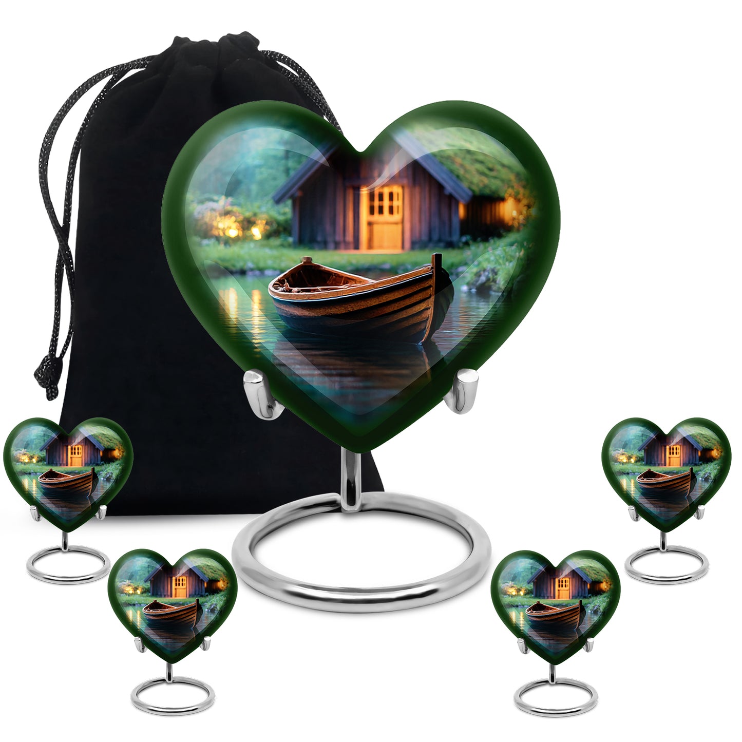 Pine Green Boat Cremation Urn close-up of engraving and surface detail - compassionate heart-boat combination with gentle curves - memorial set with one large and four small urns