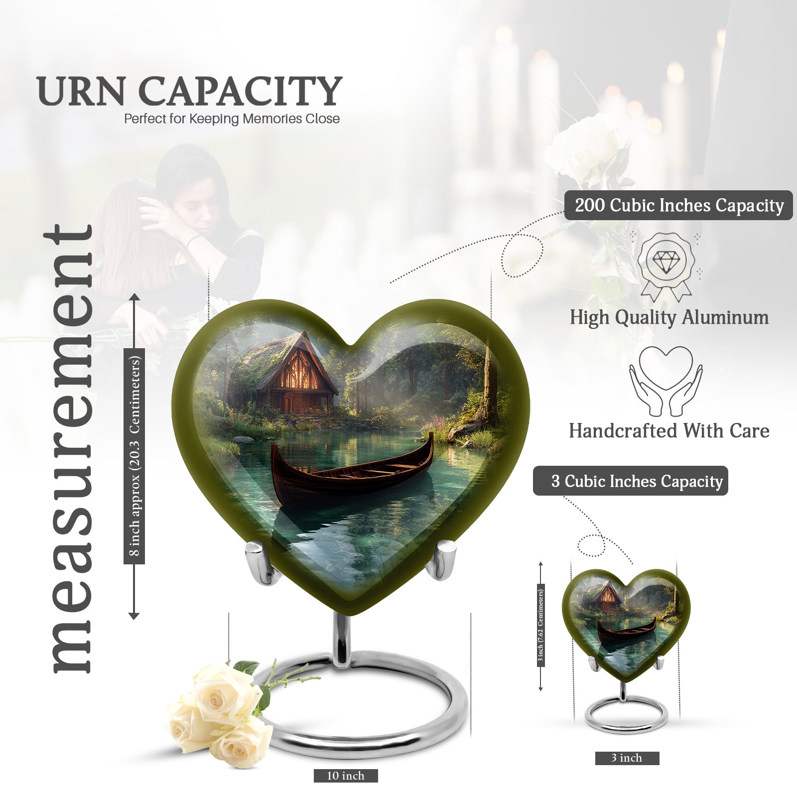 Obsidian Black Boat Cremation Urn front view showing detailed design - romantic heart urn with boat motif on aluminum - mini keepsake memorial for portion of cremation ashes