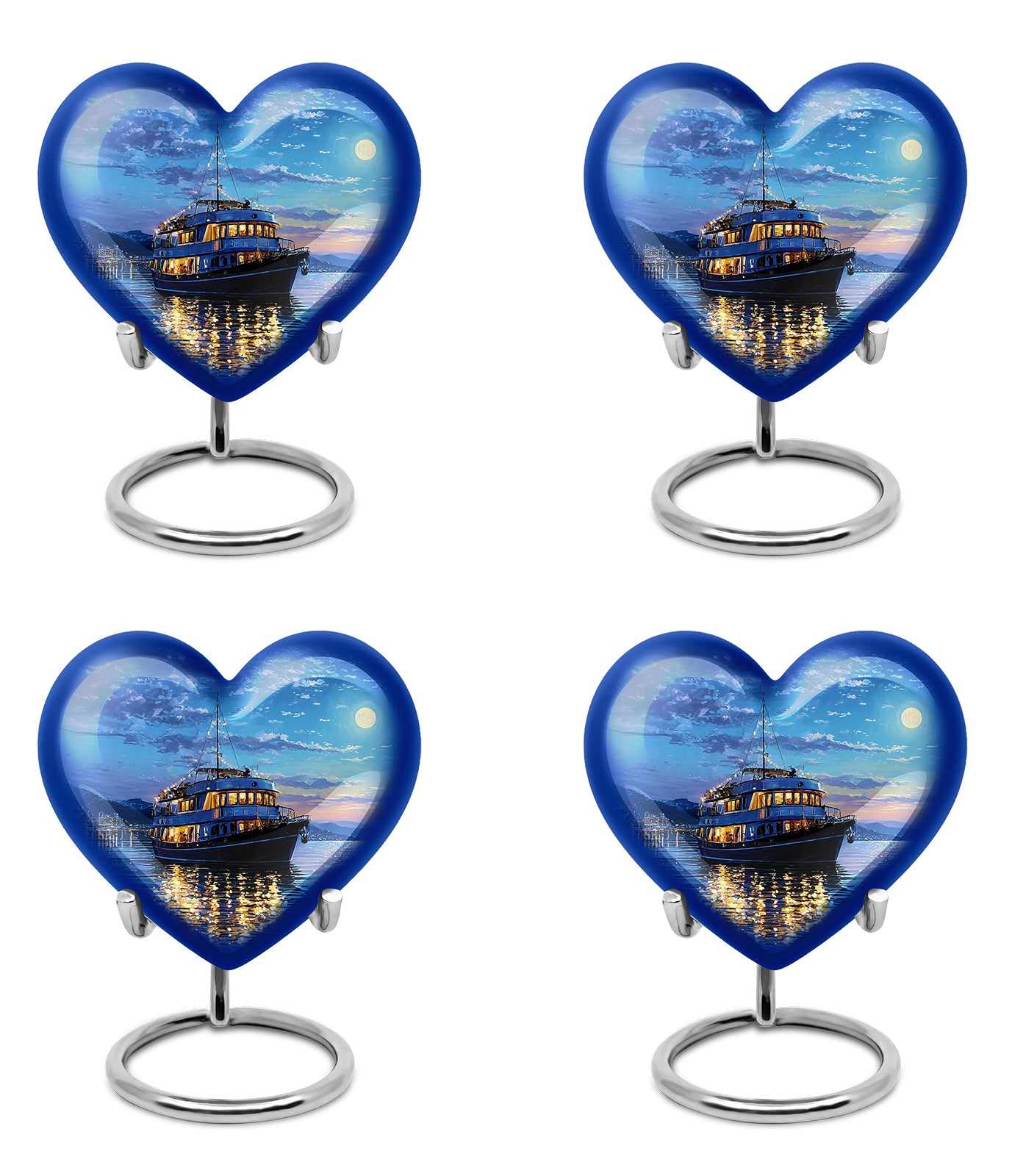 Royal Blue Boat Cremation Urn angled view of lid and engraved motif - compassionate heart-boat combination with gentle curves - 10 inch aluminum urn for cremated remains