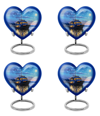 Royal Blue Boat Cremation Urn angled view of lid and engraved motif - compassionate heart-boat combination with gentle curves - 10 inch aluminum urn for cremated remains