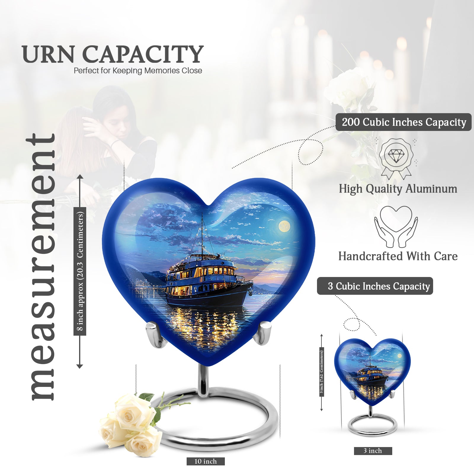 Pastel Blue Boat Cremation Urn front view showing detailed design - loving heart memorial featuring boat pattern - mini keepsake memorial for portion of cremation ashes