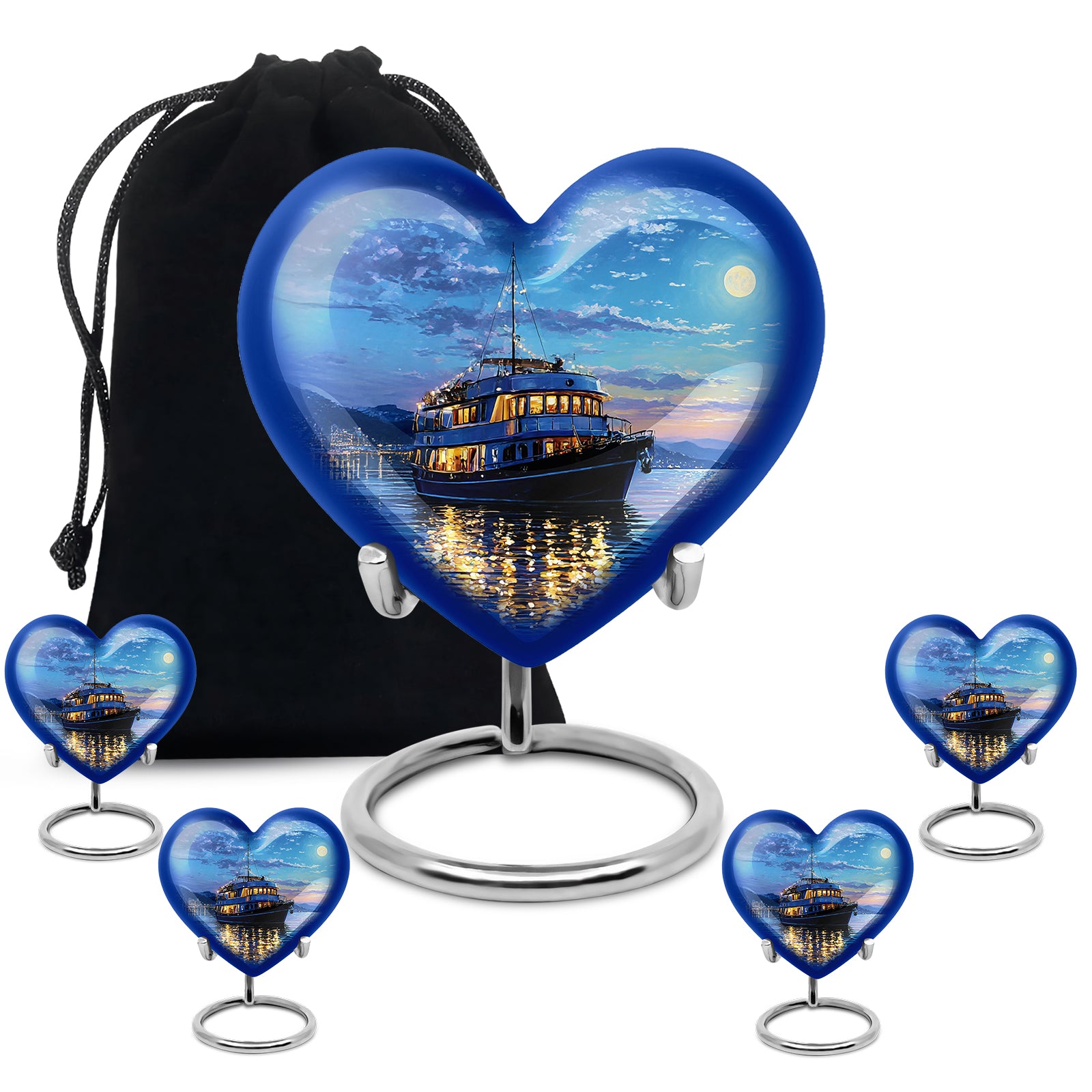 Sky Blue Boat Cremation Urn close-up of engraving and surface detail - loving heart memorial featuring boat pattern - memorial set with one large and four small urns