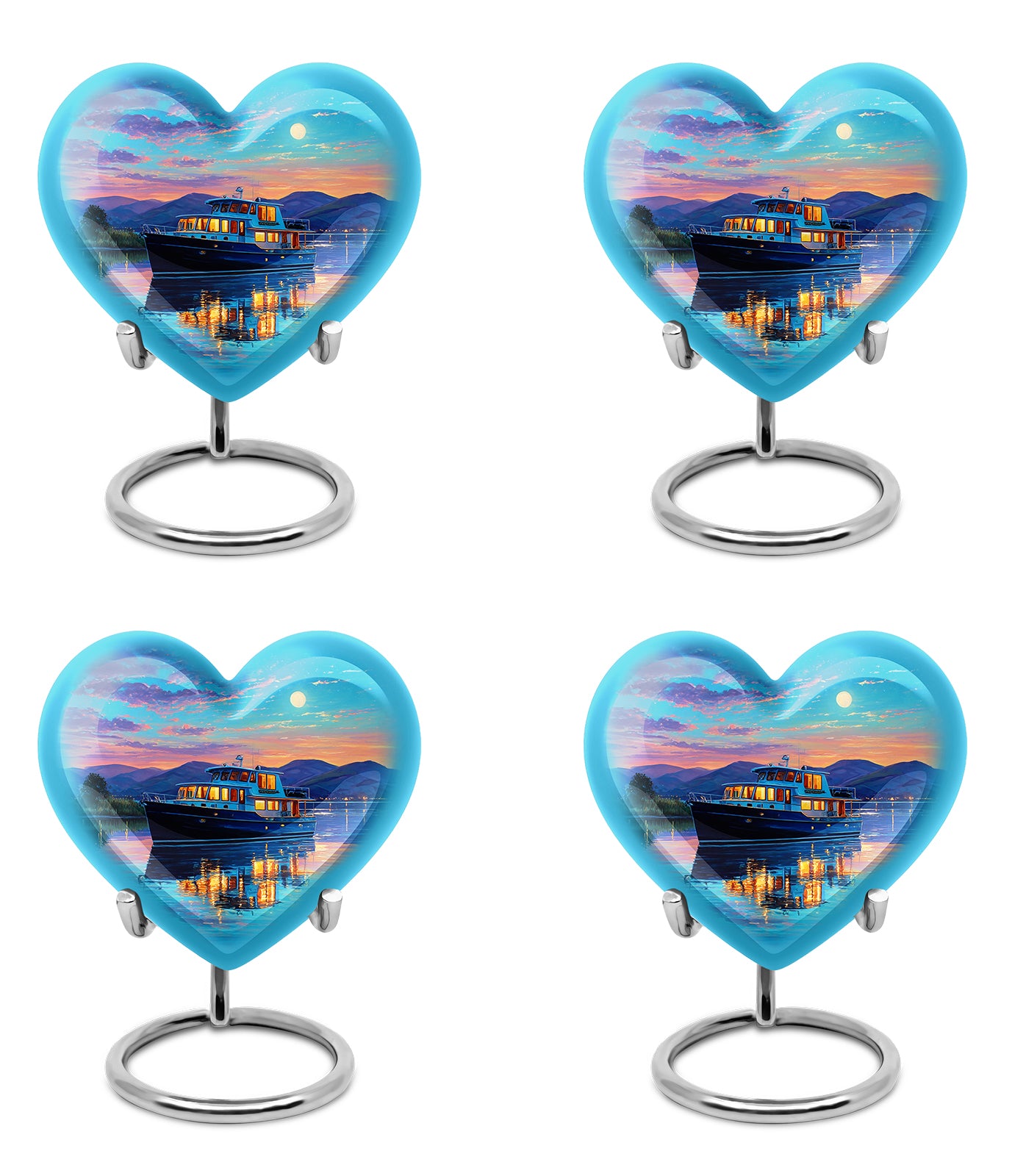 Soft Teal Boat Cremation Urn angled view of lid and engraved motif - loving heart memorial featuring boat pattern - 10 inch aluminum urn for cremated remains