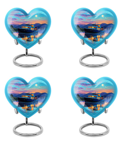 Soft Teal Boat Cremation Urn angled view of lid and engraved motif - loving heart memorial featuring boat pattern - 10 inch aluminum urn for cremated remains
