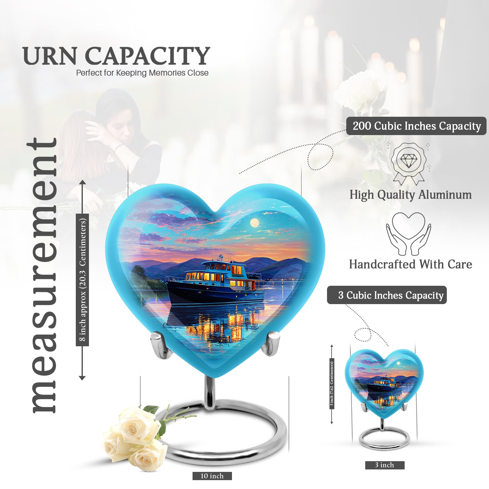 Deep Teal Boat Cremation Urn front view showing detailed design - compassionate heart-boat combination with gentle curves - mini keepsake memorial for portion of cremation ashes