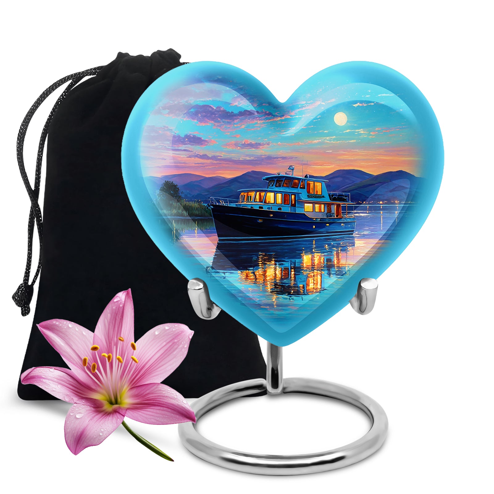 Aqua Teal Boat Cremation Urn detail view - romantic heart urn with boat motif on aluminum - full-size 10 inch 200 cubic inch adult cremation urn