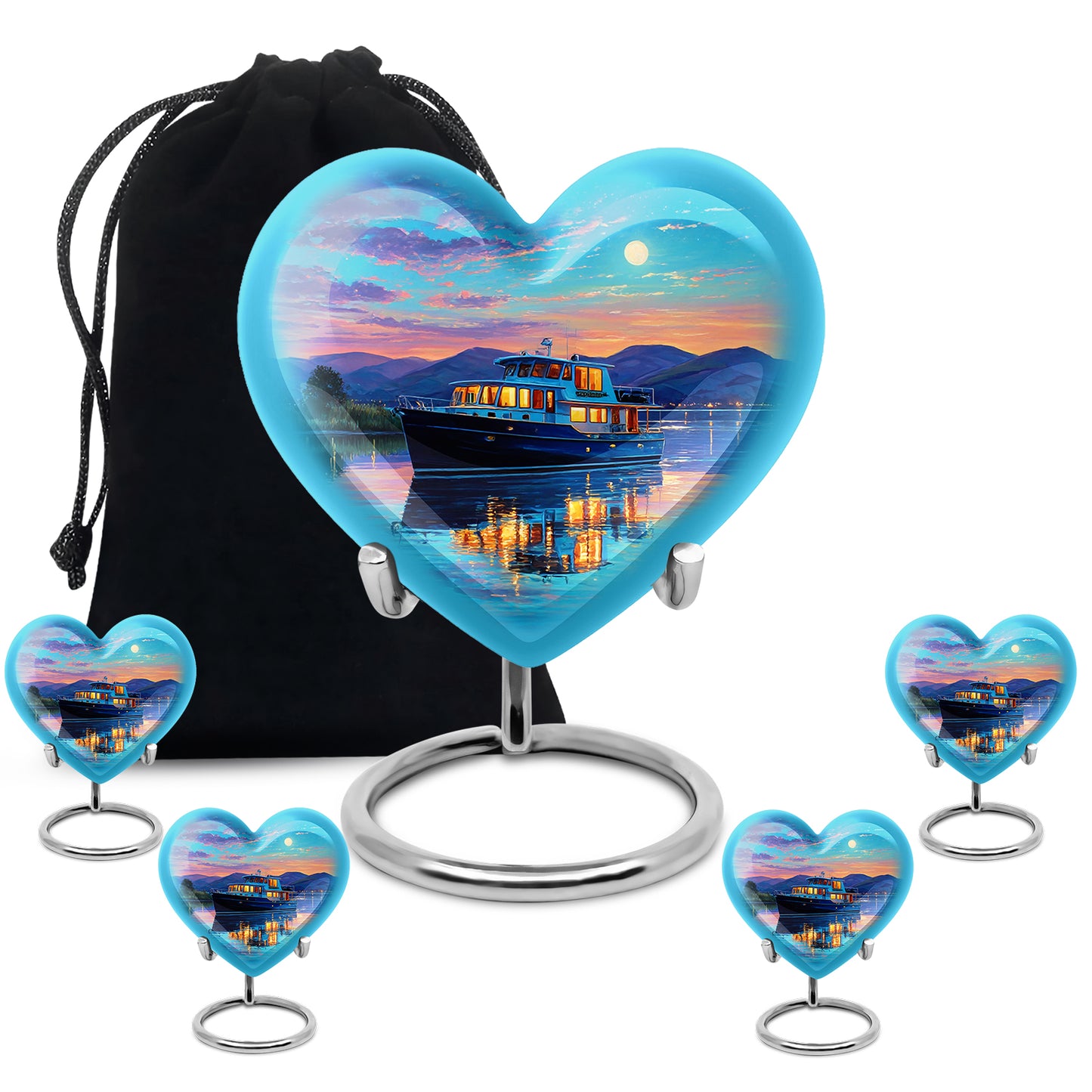 Soft Teal Boat Cremation Urn close-up of engraving and surface detail - loving heart memorial featuring boat pattern - memorial set with one large and four small urns
