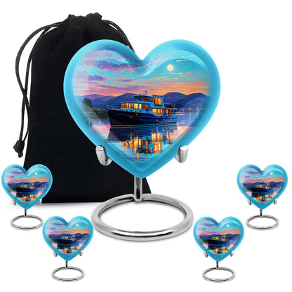 Soft Teal Boat Cremation Urn close-up of engraving and surface detail - loving heart memorial featuring boat pattern - memorial set with one large and four small urns