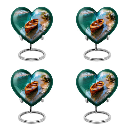 Cool Teal Boat Cremation Urn angled view of lid and engraved motif - loving heart memorial featuring boat pattern - 10 inch aluminum urn for cremated remains