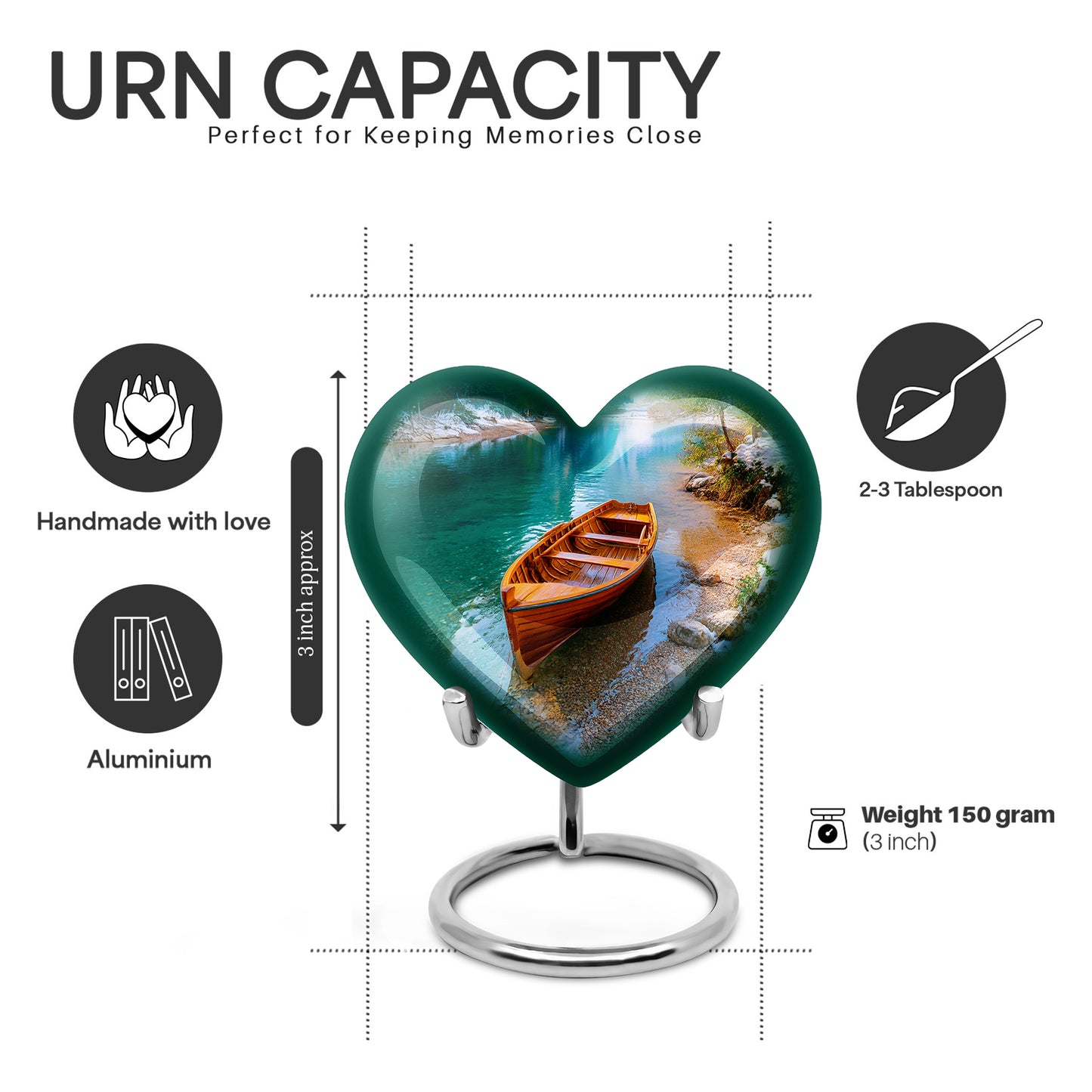 Deep Teal Boat Cremation Urn front view showing detailed design - romantic heart urn with boat motif on aluminum - mini keepsake memorial for portion of cremation ashes