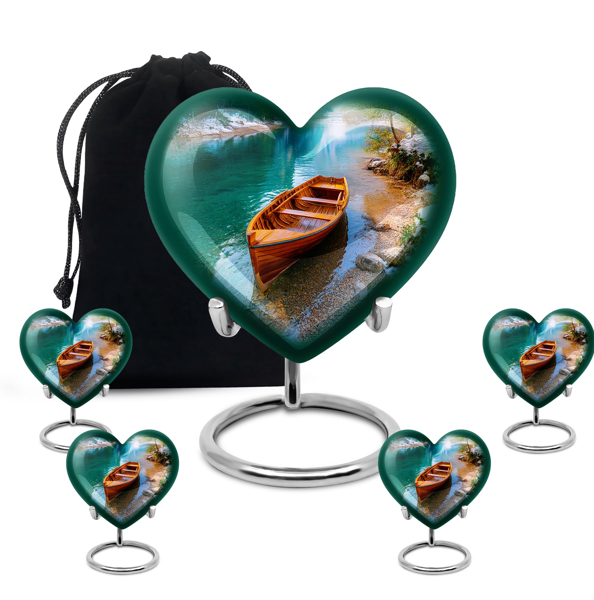 Ocean Teal Boat Cremation Urn close-up of engraving and surface detail - heart-shaped boat design symbolizing eternal love - memorial set with one large and four small urns