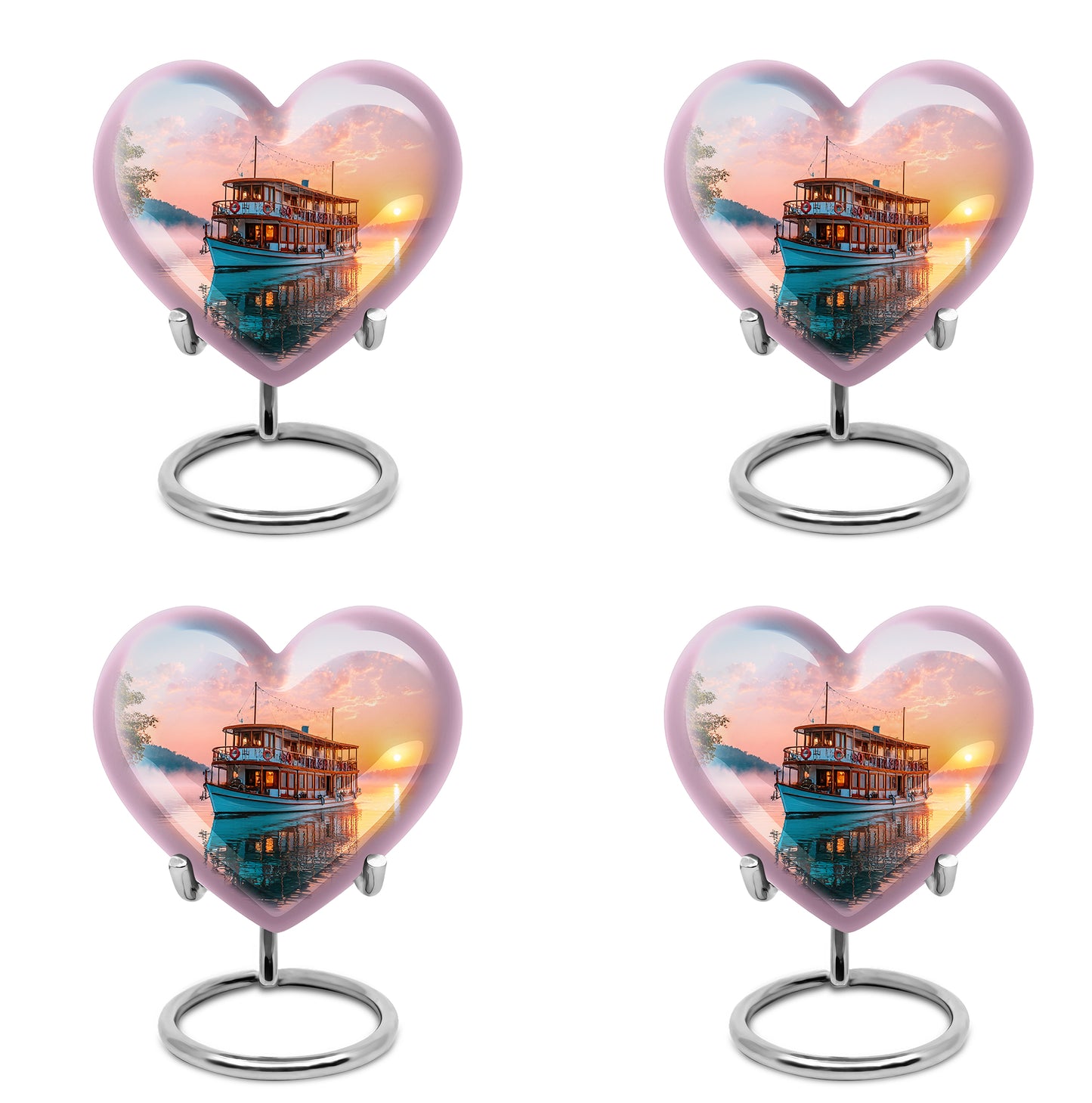 Fiery Red Boat Cremation Urn angled view of lid and engraved motif - compassionate heart-boat combination with gentle curves - 10 inch aluminum urn for cremated remains