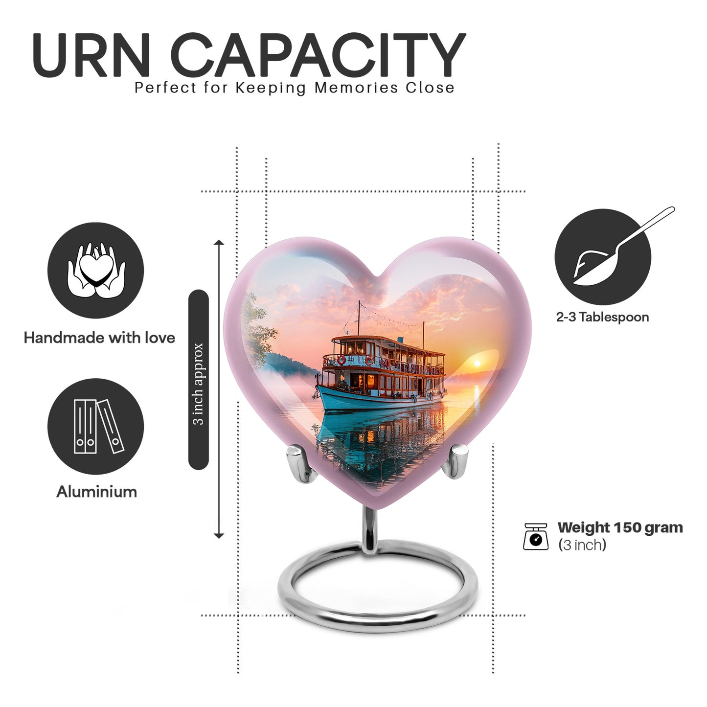 Burgundy Red Boat Cremation Urn front view showing detailed design - heart-shaped boat design symbolizing eternal love - mini keepsake memorial for portion of cremation ashes