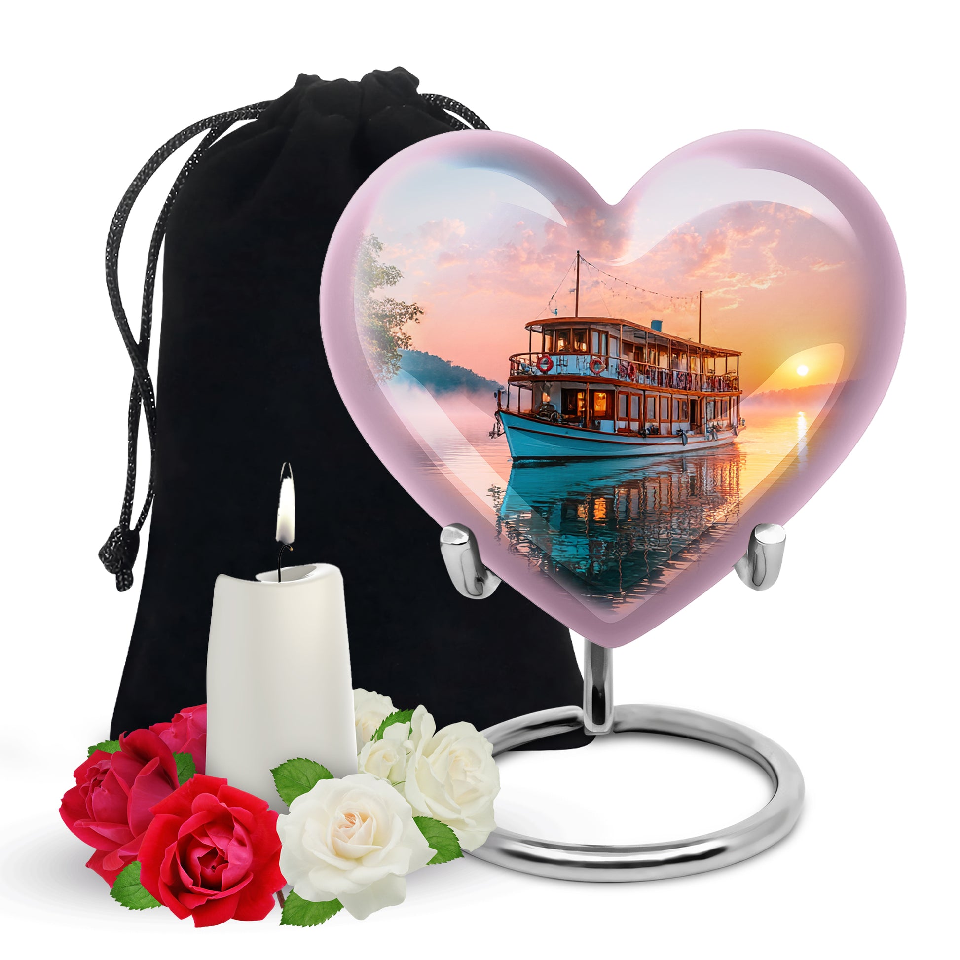 Rich Red Boat Cremation Urn detail view - romantic heart urn with boat motif on aluminum - full-size 10 inch 200 cubic inch adult cremation urn