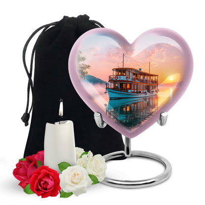 Rich Red Boat Cremation Urn detail view - romantic heart urn with boat motif on aluminum - full-size 10 inch 200 cubic inch adult cremation urn