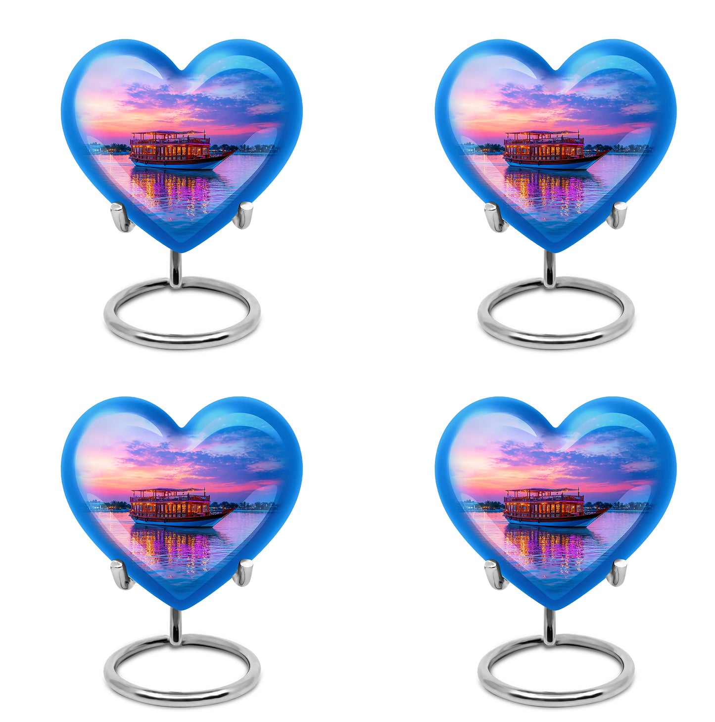 Misty Blue Boat Cremation Urn angled view of lid and engraved motif - heart-shaped boat design symbolizing eternal love - 10 inch aluminum urn for cremated remains