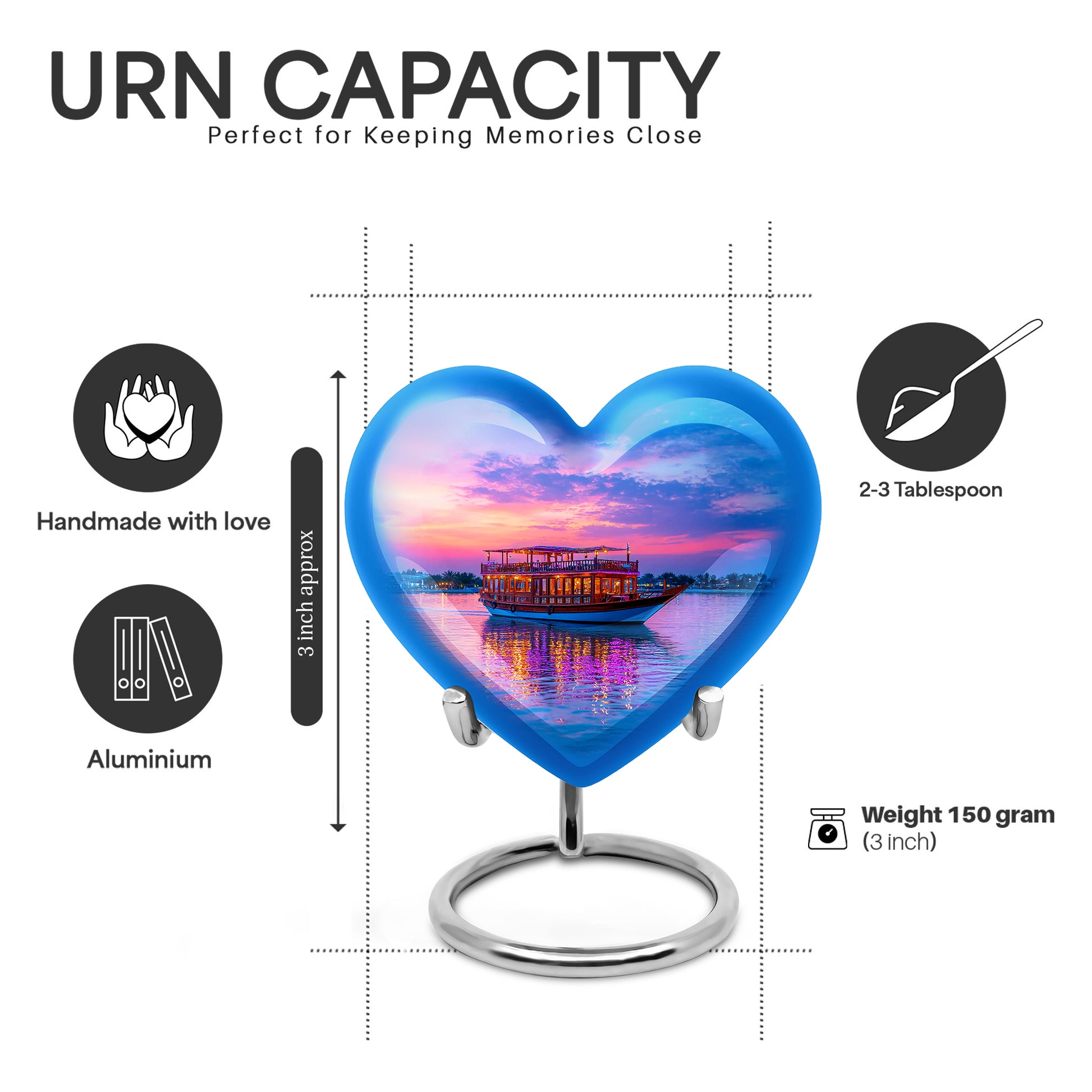 Icy Blue Boat Cremation Urn front view showing detailed design - loving heart memorial featuring boat pattern - mini keepsake memorial for portion of cremation ashes