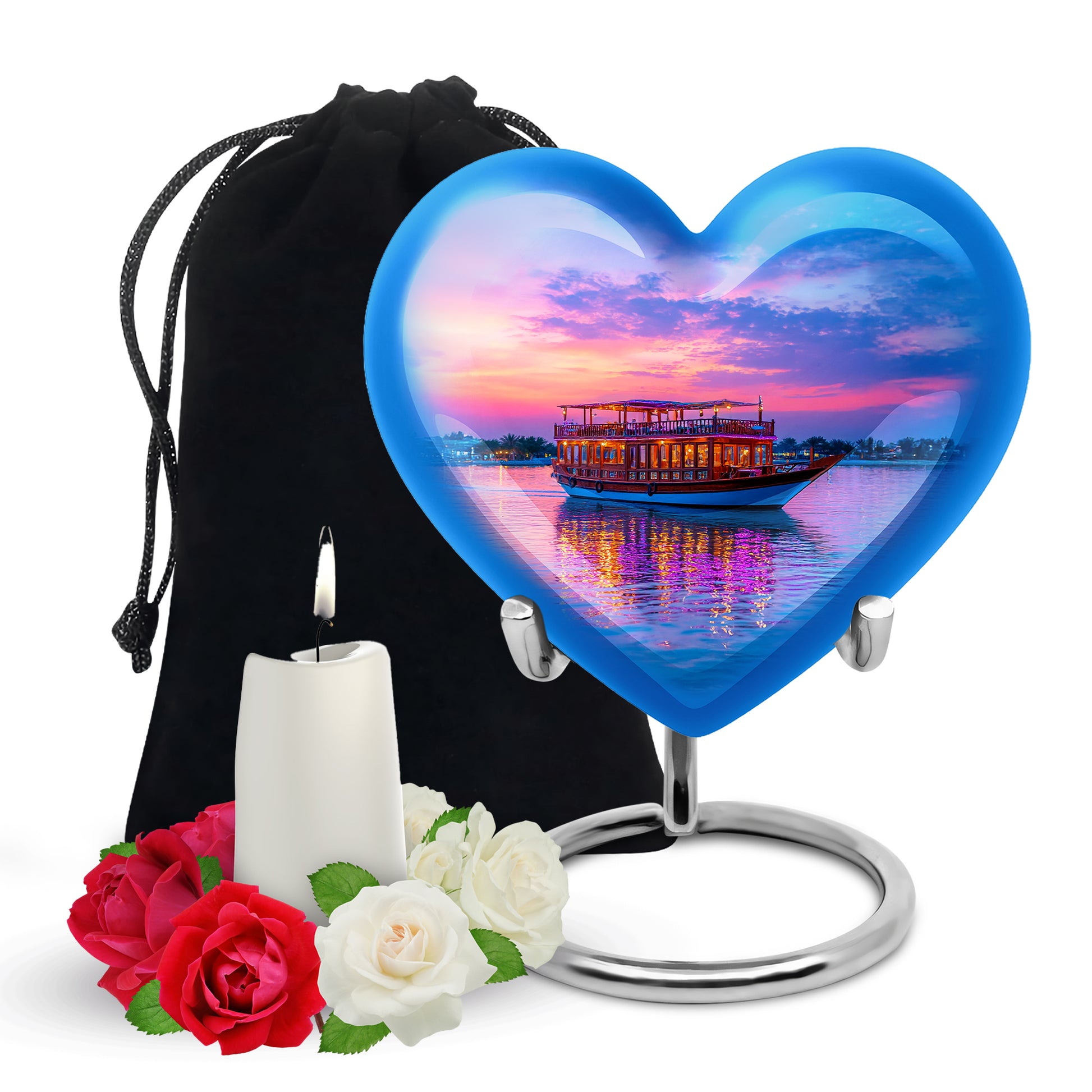 Dusty Blue Boat Cremation Urn detail view - heart-shaped boat design symbolizing eternal love - full-size 10 inch 200 cubic inch adult cremation urn