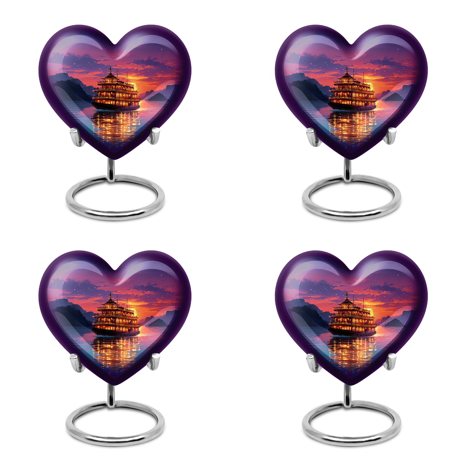 Violet Purple Boat Cremation Urn angled view of lid and engraved motif - compassionate heart-boat combination with gentle curves - 10 inch aluminum urn for cremated remains