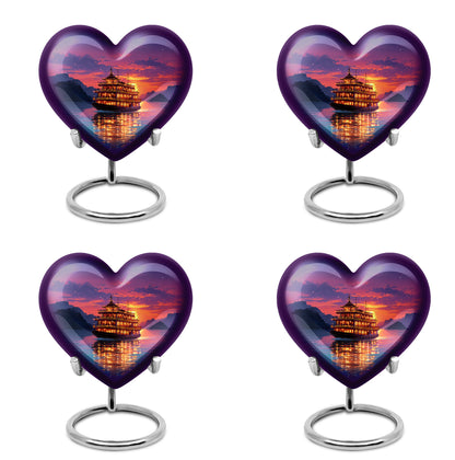 Violet Purple Boat Cremation Urn angled view of lid and engraved motif - compassionate heart-boat combination with gentle curves - 10 inch aluminum urn for cremated remains