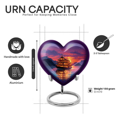 Royal Purple Boat Cremation Urn front view showing detailed design - compassionate heart-boat combination with gentle curves - mini keepsake memorial for portion of cremation ashes