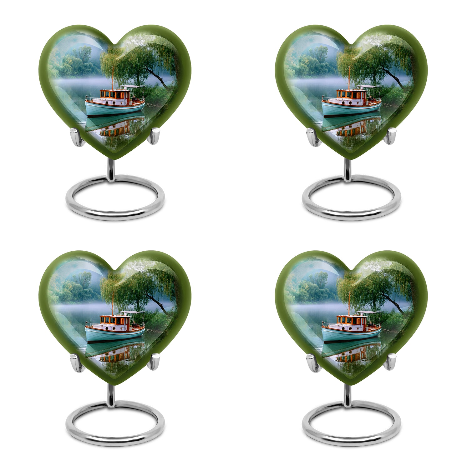 Tropical Teal Boat Cremation Urn angled view of lid and engraved motif - compassionate heart-boat combination with gentle curves - 10 inch aluminum urn for cremated remains