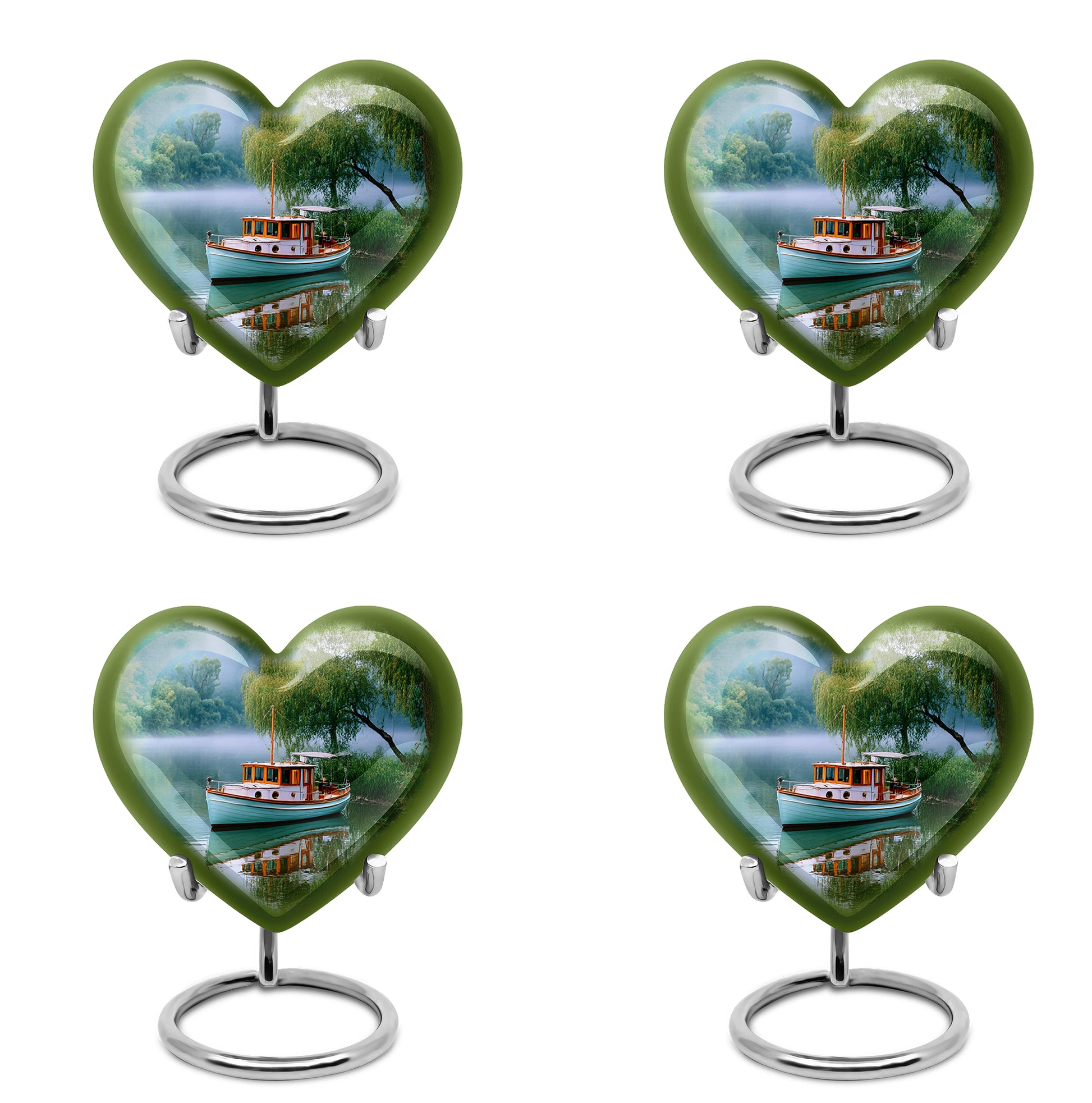 Tropical Teal Boat Cremation Urn angled view of lid and engraved motif - compassionate heart-boat combination with gentle curves - 10 inch aluminum urn for cremated remains