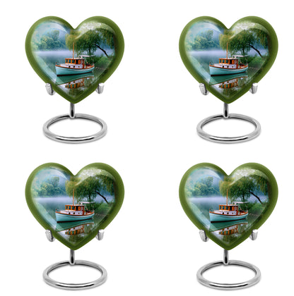Tropical Teal Boat Cremation Urn angled view of lid and engraved motif - compassionate heart-boat combination with gentle curves - 10 inch aluminum urn for cremated remains