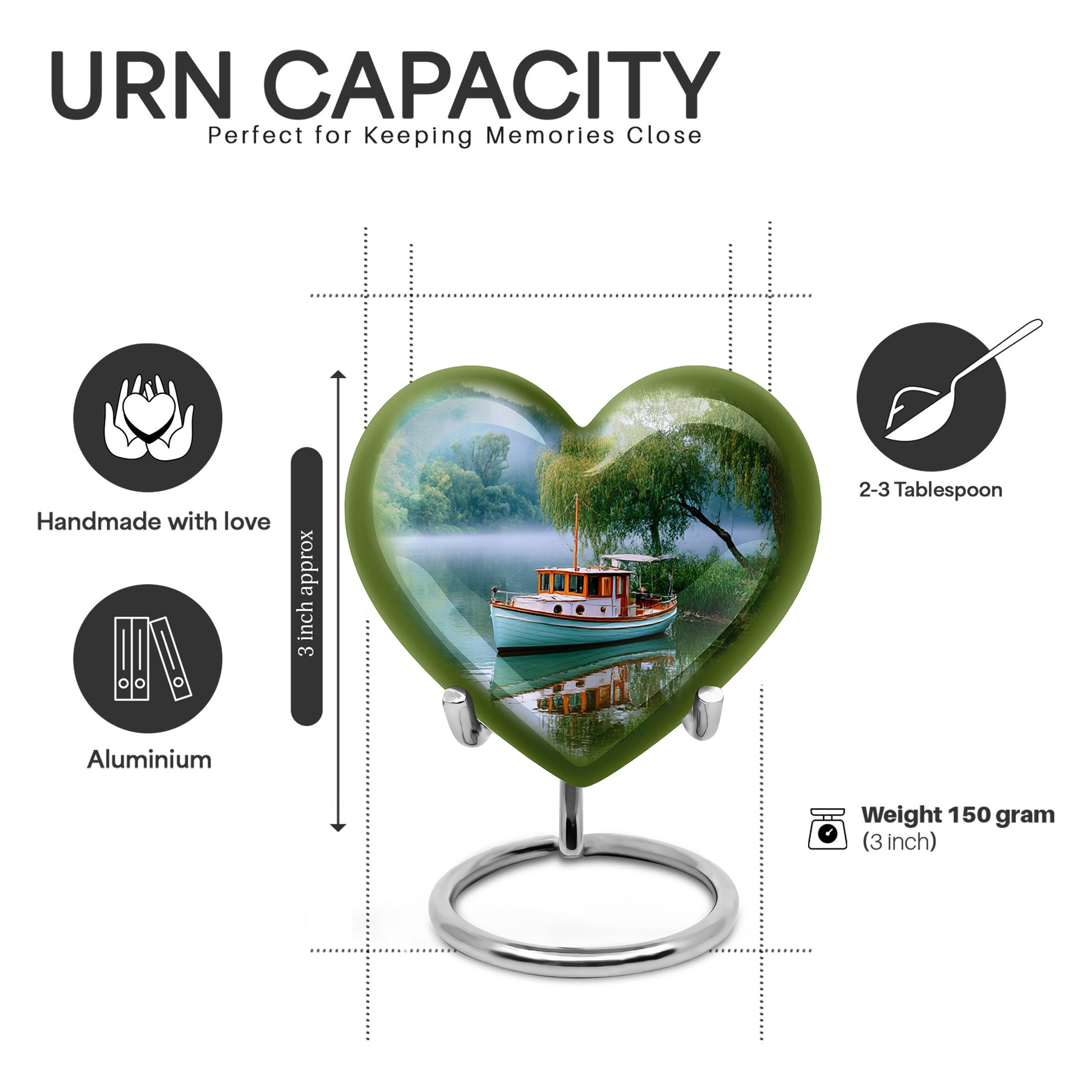 Ocean Teal Boat Cremation Urn front view showing detailed design - heart-shaped boat design symbolizing eternal love - mini keepsake memorial for portion of cremation ashes