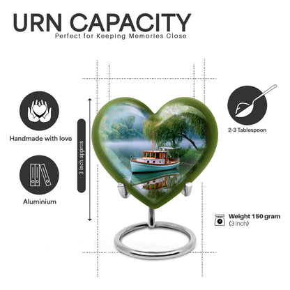Ocean Teal Boat Cremation Urn front view showing detailed design - heart-shaped boat design symbolizing eternal love - mini keepsake memorial for portion of cremation ashes