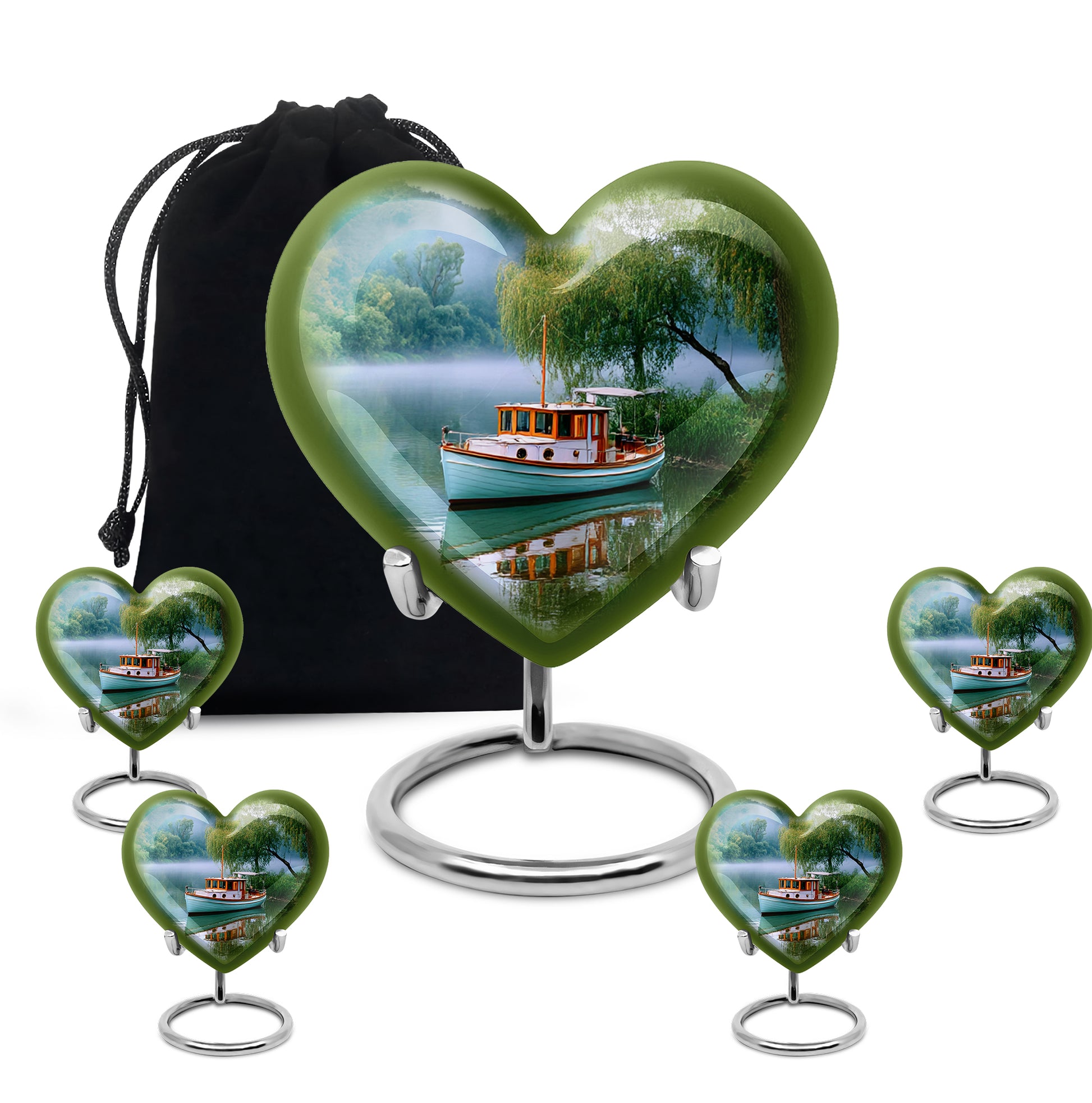 Sea Green Teal Boat Cremation Urn close-up of engraving and surface detail - heart-shaped boat design symbolizing eternal love - memorial set with one large and four small urns