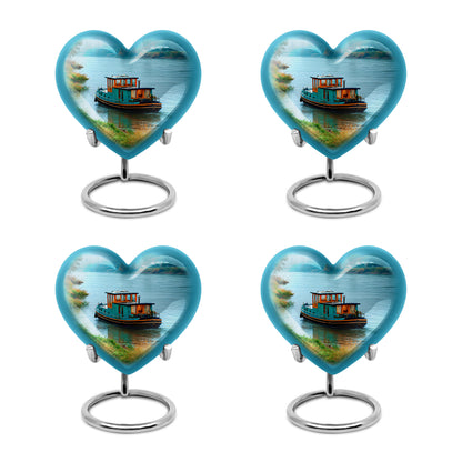 Mystic Teal Boat Cremation Urn angled view of lid and engraved motif - compassionate heart-boat combination with gentle curves - 10 inch aluminum urn for cremated remains