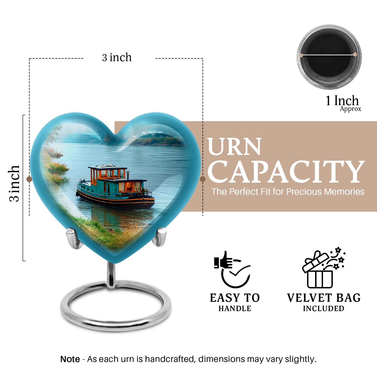 Ocean Teal Boat Cremation Urn front view showing detailed design - loving heart memorial featuring boat pattern - mini keepsake memorial for portion of cremation ashes