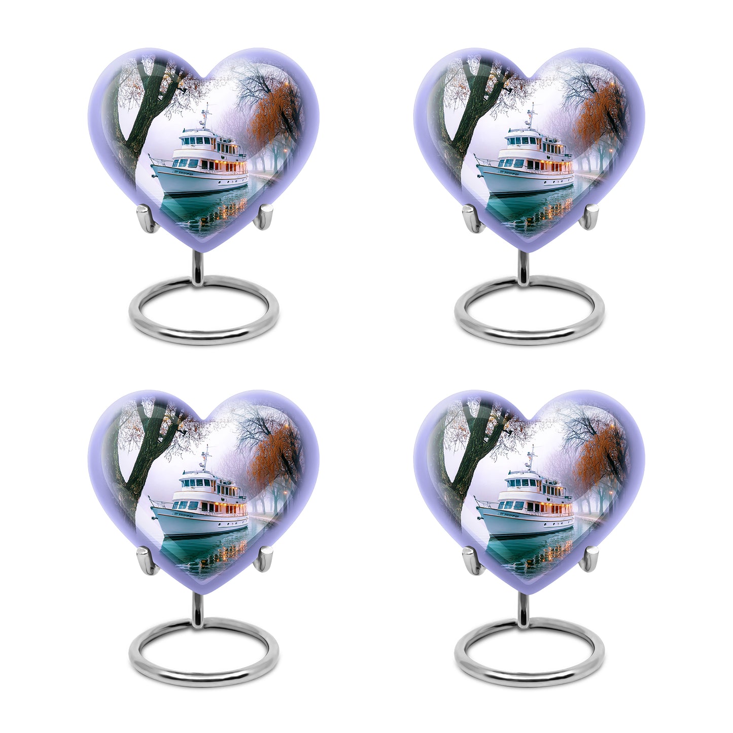 Alabaster White Boat Cremation Urn angled view of lid and engraved motif - heart-shaped boat design symbolizing eternal love - 10 inch aluminum urn for cremated remains