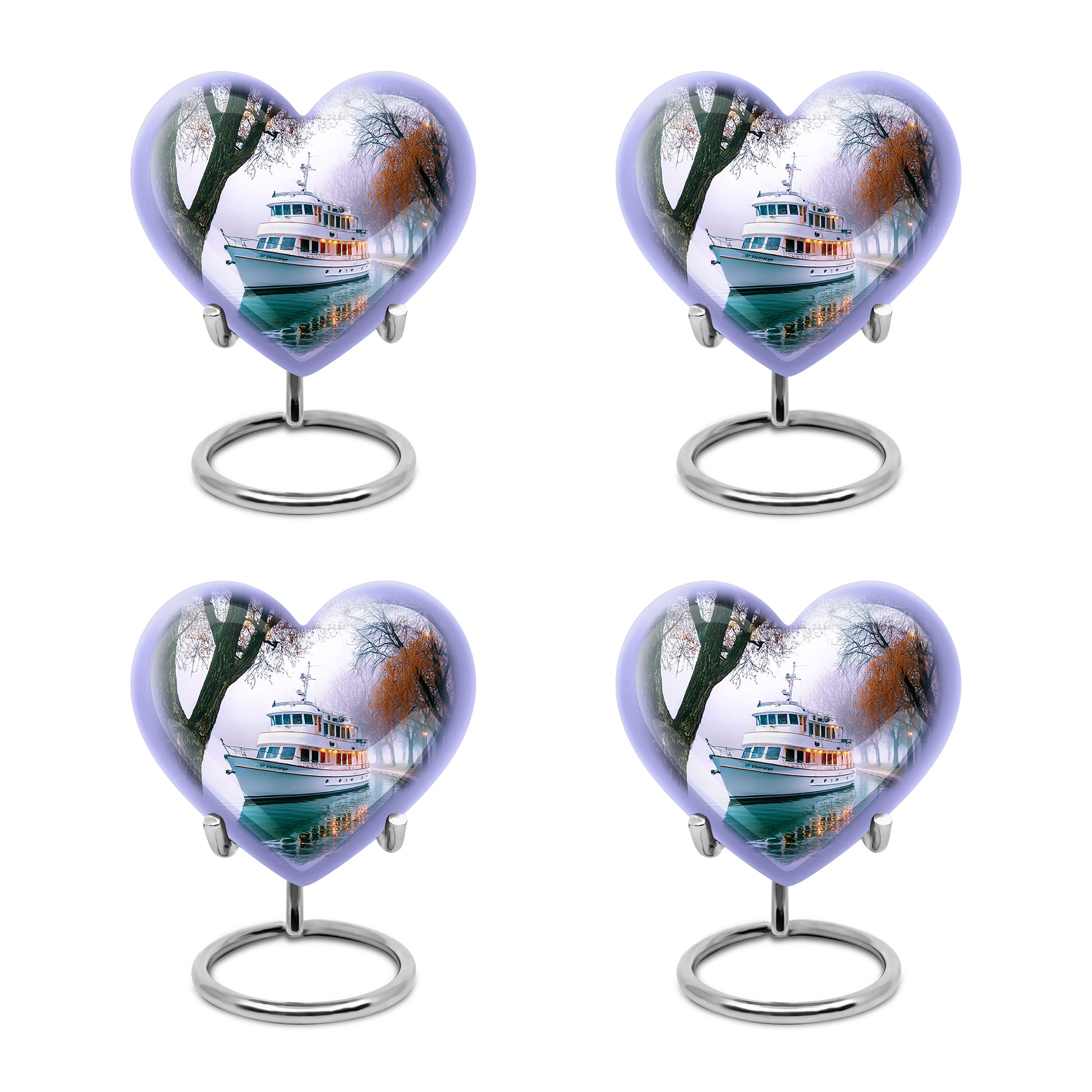 Alabaster White Boat Cremation Urn angled view of lid and engraved motif - heart-shaped boat design symbolizing eternal love - 10 inch aluminum urn for cremated remains