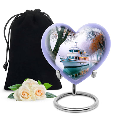 Porcelain White Boat Cremation Urn detail view - romantic heart urn with boat motif on aluminum - full-size 10 inch 200 cubic inch adult cremation urn
