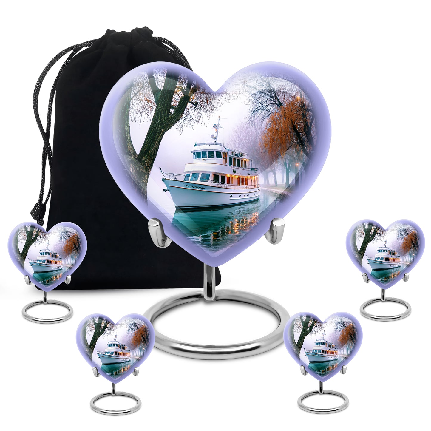 Cream White Boat Cremation Urn close-up of engraving and surface detail - romantic heart urn with boat motif on aluminum - memorial set with one large and four small urns