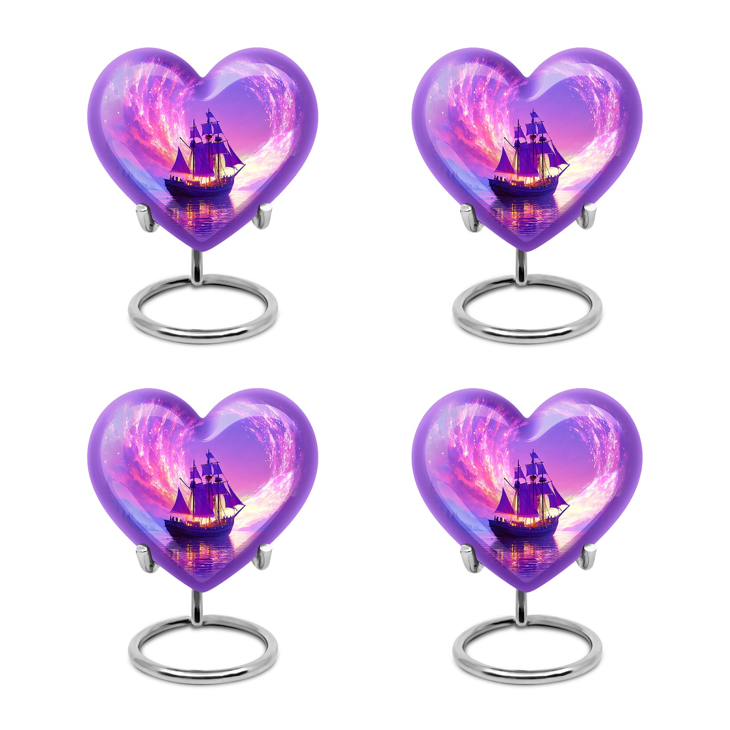 Plum Purple Boat Cremation Urn angled view of lid and engraved motif - heart-shaped boat design symbolizing eternal love - 10 inch aluminum urn for cremated remains
