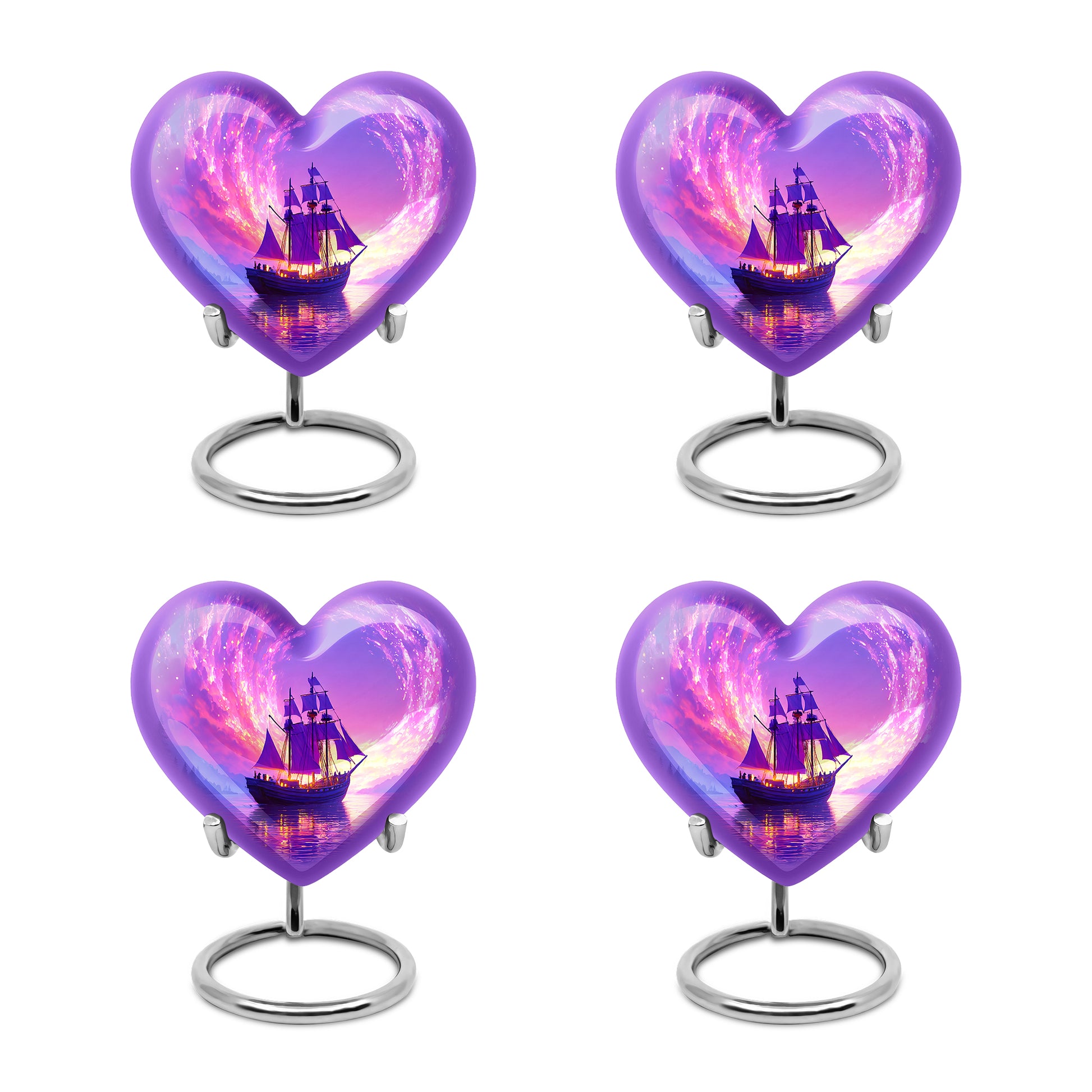 Plum Purple Boat Cremation Urn angled view of lid and engraved motif - heart-shaped boat design symbolizing eternal love - 10 inch aluminum urn for cremated remains