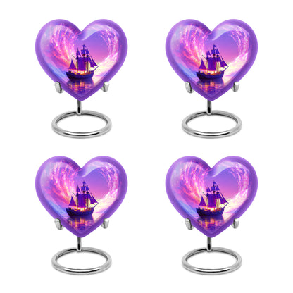 Plum Purple Boat Cremation Urn angled view of lid and engraved motif - heart-shaped boat design symbolizing eternal love - 10 inch aluminum urn for cremated remains