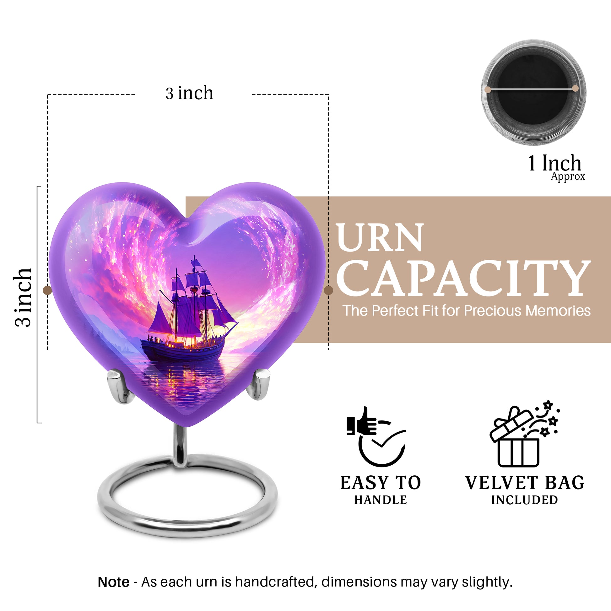Plum Purple Boat Cremation Urn front view showing detailed design - heart-shaped boat design symbolizing eternal love - mini keepsake memorial for portion of cremation ashes
