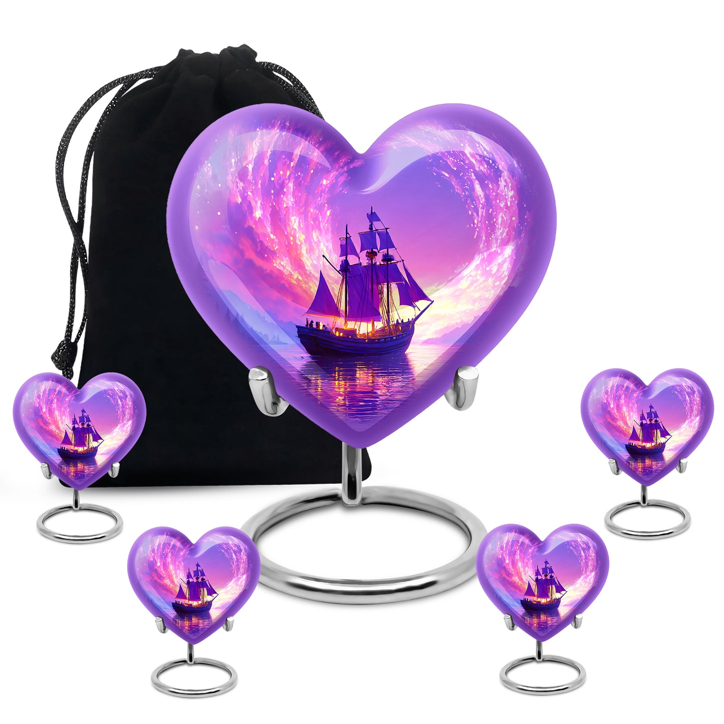 Amethyst Purple Boat Cremation Urn close-up of engraving and surface detail - loving heart memorial featuring boat pattern - memorial set with one large and four small urns