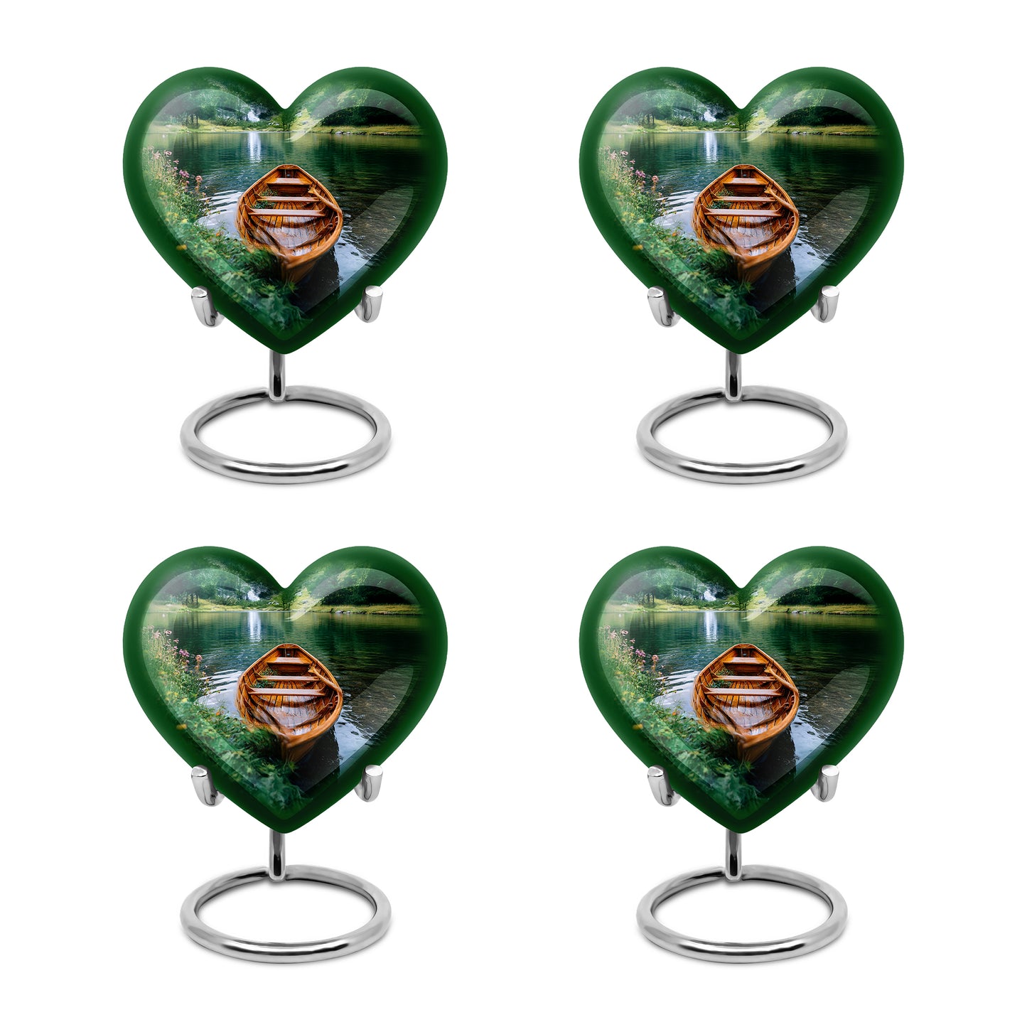 Emerald Green Boat Cremation Urn angled view of lid and engraved motif - heart-shaped boat design symbolizing eternal love - 10 inch aluminum urn for cremated remains