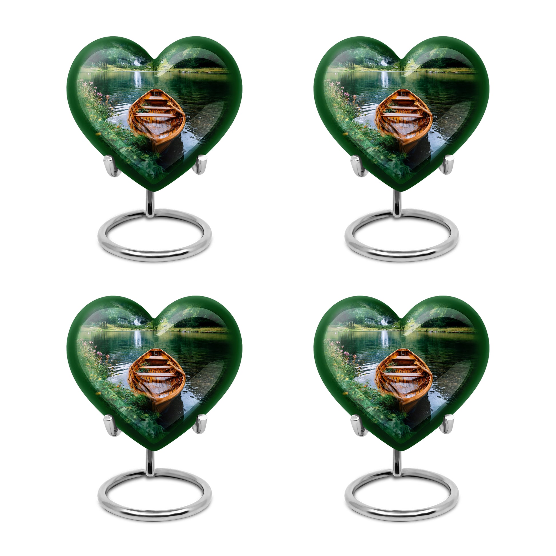 Emerald Green Boat Cremation Urn angled view of lid and engraved motif - heart-shaped boat design symbolizing eternal love - 10 inch aluminum urn for cremated remains