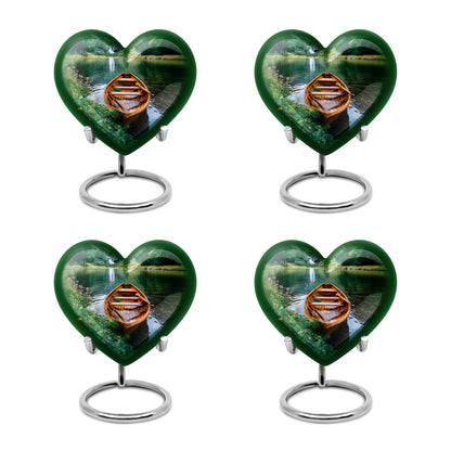 Emerald Green Boat Cremation Urn angled view of lid and engraved motif - heart-shaped boat design symbolizing eternal love - 10 inch aluminum urn for cremated remains